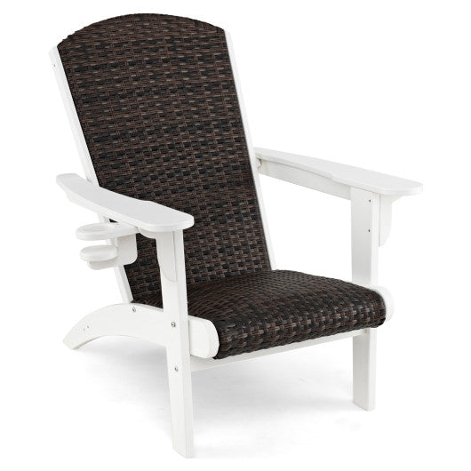 Patio Adirondack Chair with Rattan Padded Seat and Hidden Cupholder-White