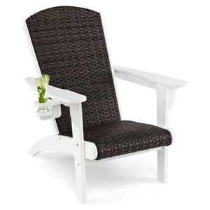 Patio Adirondack Chair with Rattan Padded Seat and Hidden Cupholder-White