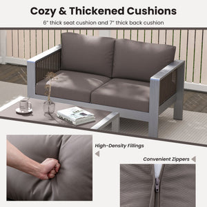 Patio Aluminum Loveseat Sofa Outdoor Furniture Set with Thick Back and Seat Cushions-Gray