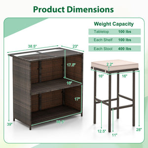 3 Pcs Patio Bar Set with Tempered Glass Tabletop-Brown