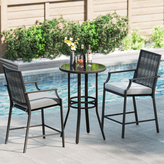 Patio Bar Stools Set of 2 Counter Height Rattan Bar Chairs with Armrest-Grey