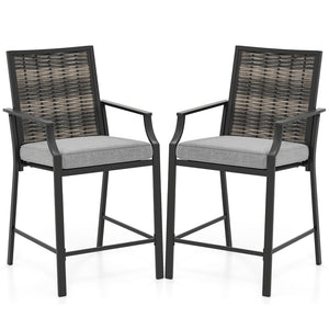 Patio Bar Stools Set of 2 Counter Height Rattan Bar Chairs with Armrest-Grey