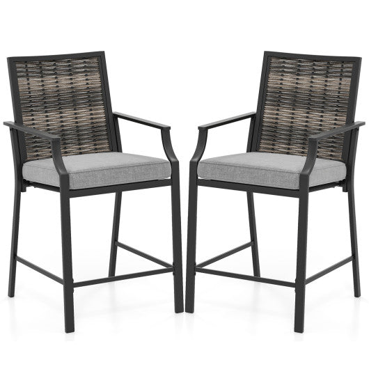 Patio Bar Stools Set of 2 Counter Height Rattan Bar Chairs with Armrest-Grey