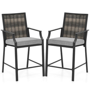 Patio Bar Stools Set of 2 Counter Height Rattan Bar Chairs with Armrest-Grey