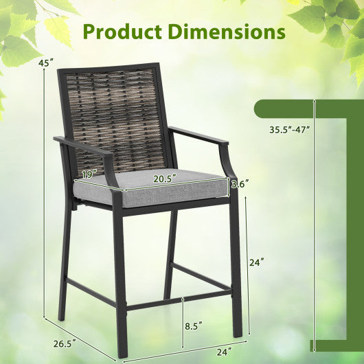 Patio Bar Stools Set of 2 Counter Height Rattan Bar Chairs with Armrest-Grey