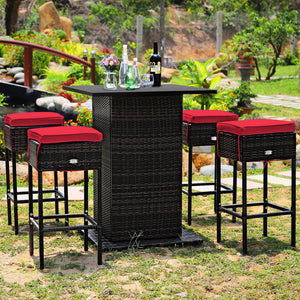 5 Pieces Patio Rattan Bar Table Stool Set Hidden Storage Shelf Cushioned-White