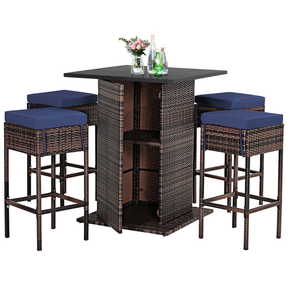 5 Pieces Patio Rattan Bar Table Stool Set Hidden Storage Shelf Cushioned-White