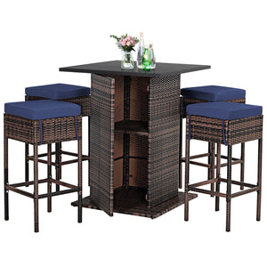 5 Pieces Patio Rattan Bar Table Stool Set Hidden Storage Shelf Cushioned-White