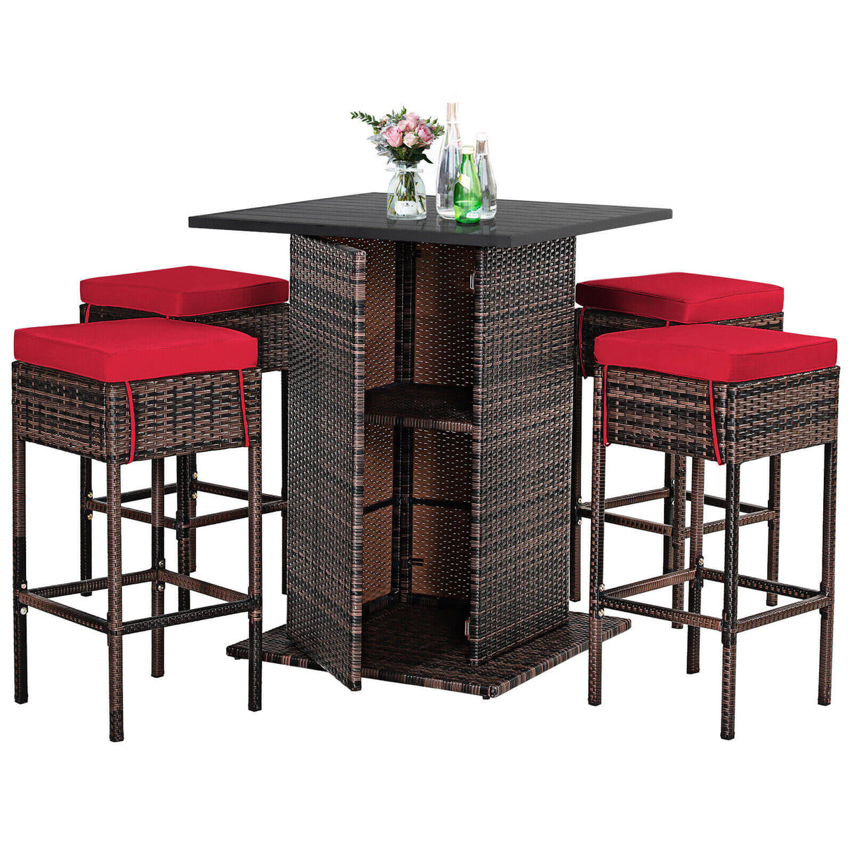 5 Pieces Patio Rattan Bar Table Stool Set Hidden Storage Shelf Cushioned-White