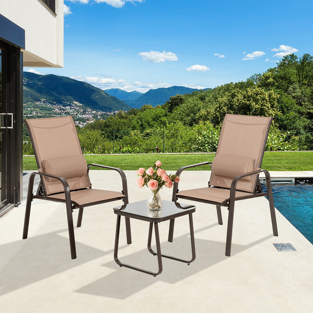 3 Pieces Patio Bistro Furniture Set with Adjustable Backrest-Black