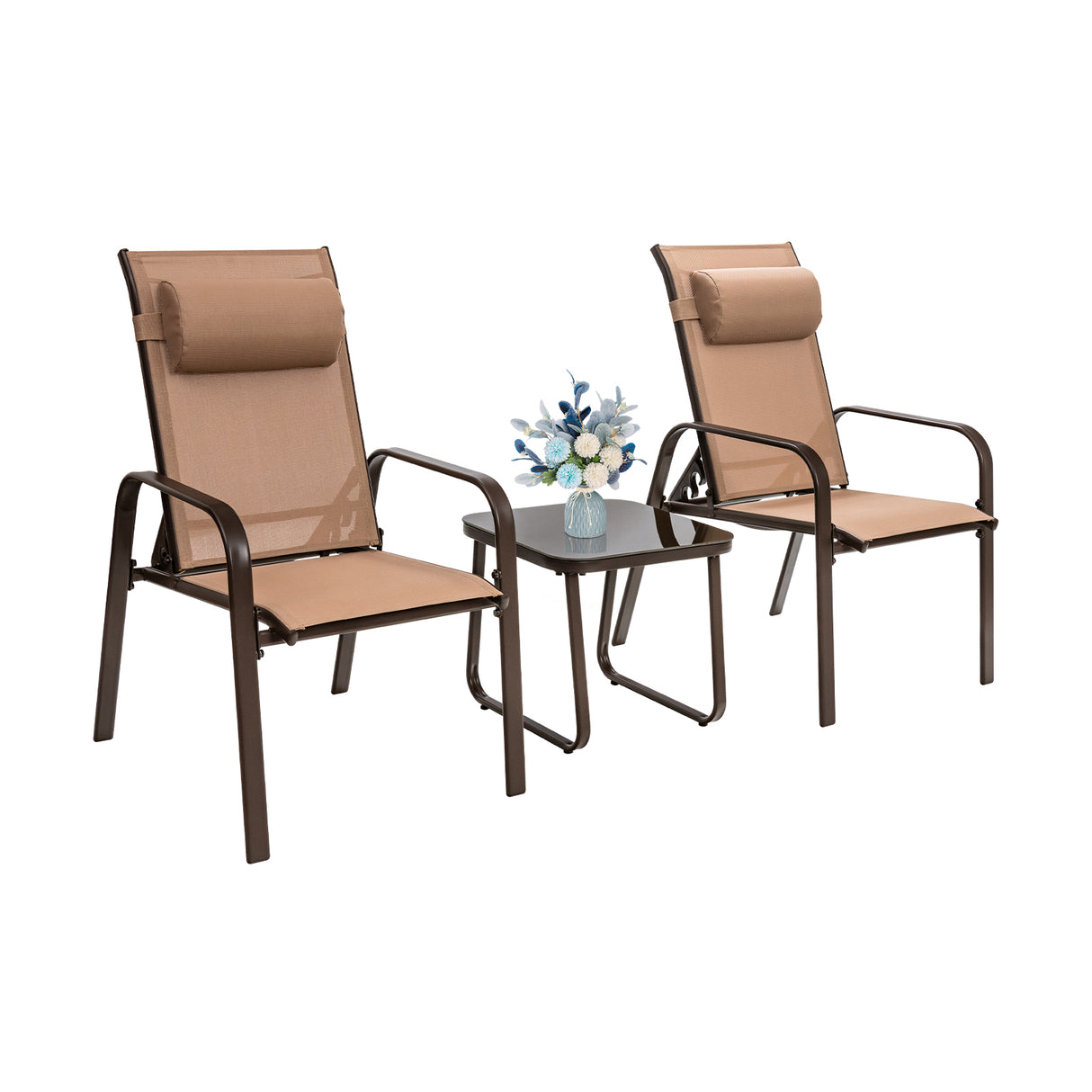 3 Pieces Patio Bistro Furniture Set with Adjustable Backrest-Black