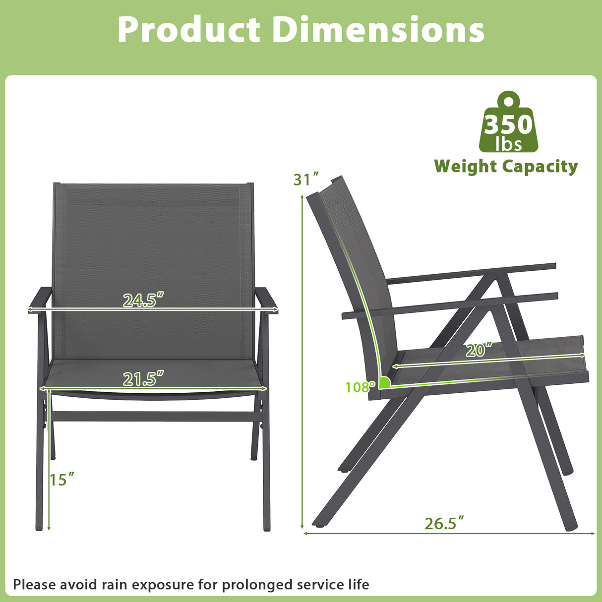 Patio Chairs Set of 2 with Breathable Mesh Fabric and Metal Frame-Gray