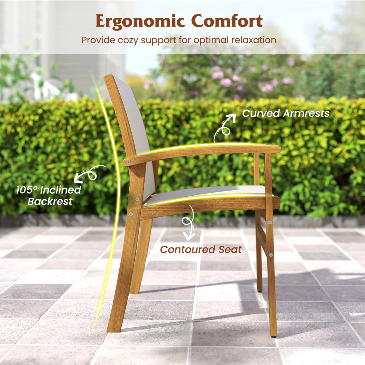 Patio Chairs Set of 2 Acacia Wood Armchairs with Breathable Fabric Back and Seat-Yellow