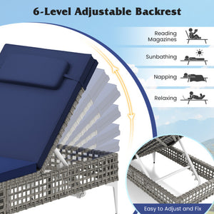 Patio Chaise Lounge Chair with 6-Level Adjustable Backrest and Headrest for Poolside-Navy