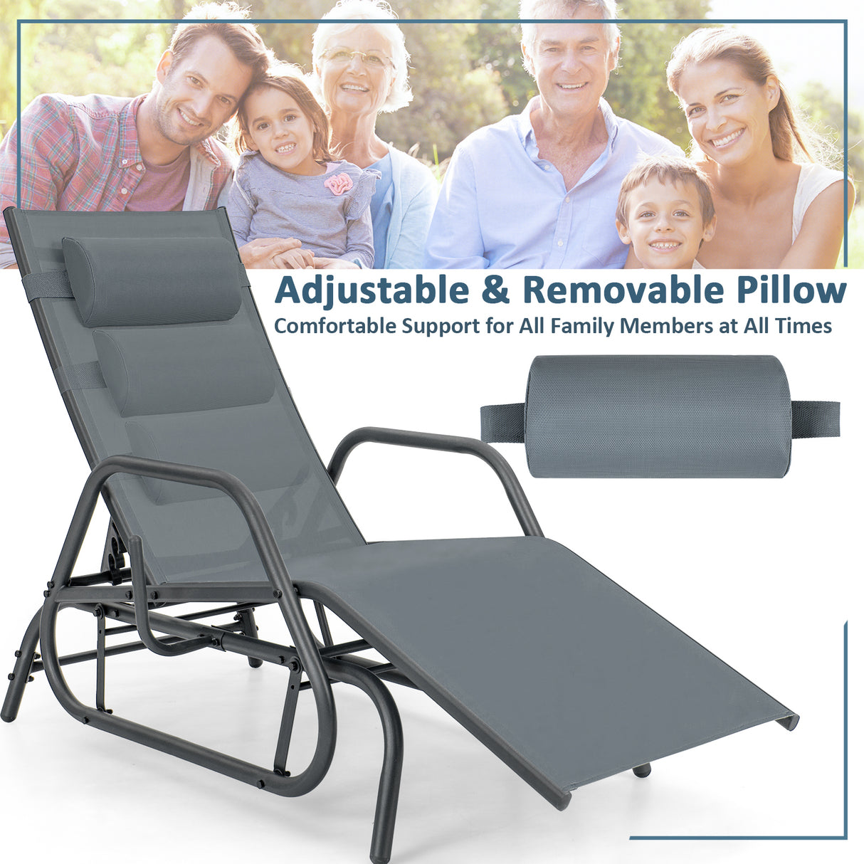 Outdoor Chaise Lounge Glider Chair with Armrests and Pillow-Gray