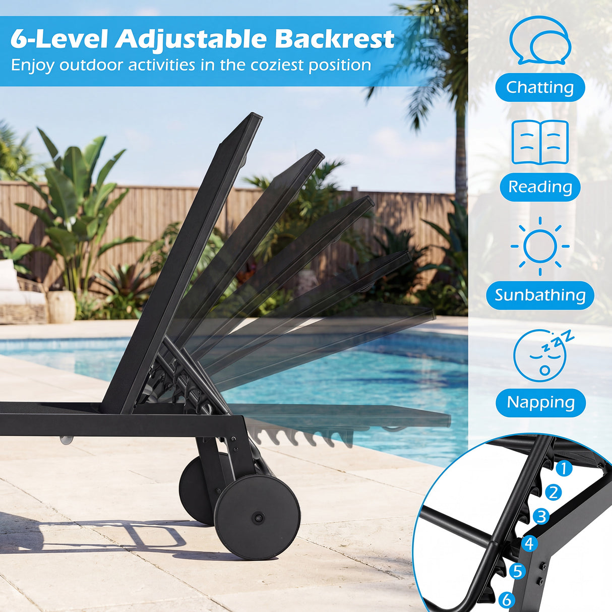 Patio Chaise Lounge Chair with Wheels and 6-Level Adjustable Backrest Set of 2