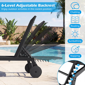 Patio Chaise Lounge Chair with Wheels and 6-Level Adjustable Backrest Set of 2