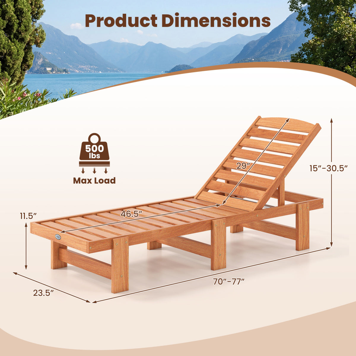 Patio Chaise Lounge Chair Solid Wood Slatted Recliner with Adjustable Backrest-1 Piece