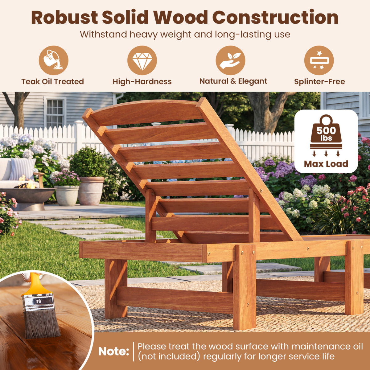 Patio Chaise Lounge Chair Solid Wood Slatted Recliner with Adjustable Backrest-1 Piece