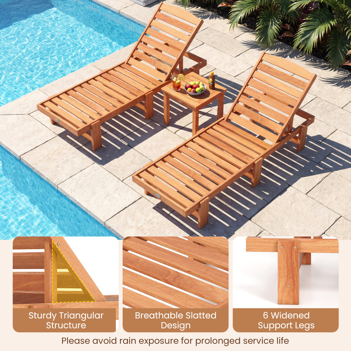 Patio Chaise Lounge Chair Solid Wood Slatted Recliner with Adjustable Backrest-1 Piece