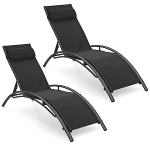 Patio Chaise Lounges Set of 2 Outdoor Recliner with 5-Position Backrest-Black