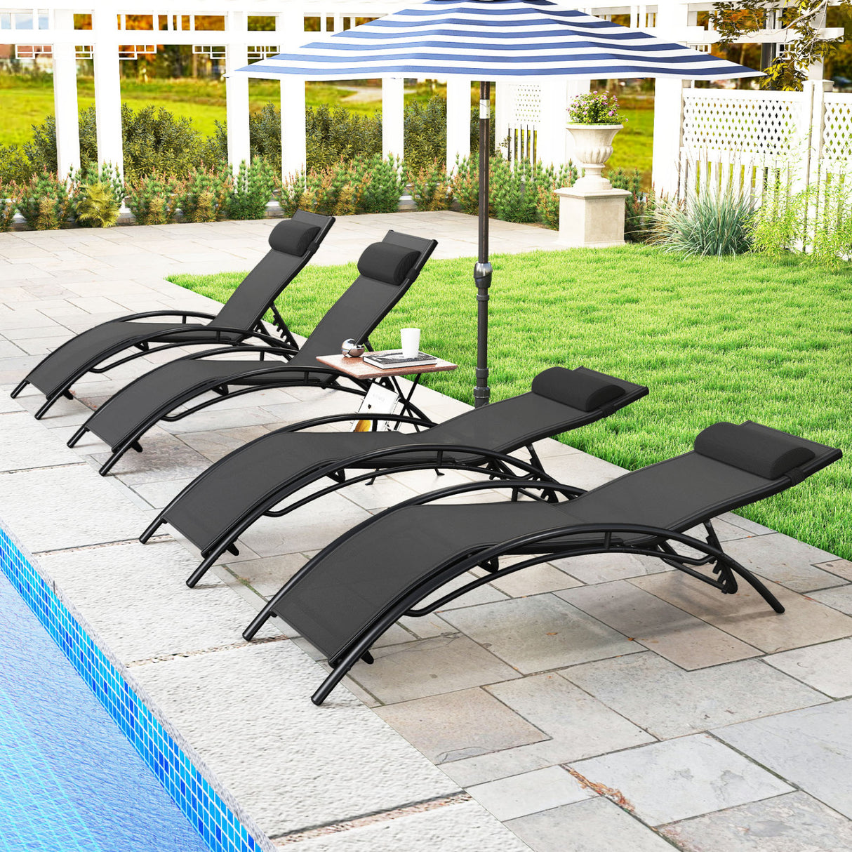 Patio Chaise Lounges Set of 2 Outdoor Recliner with 5-Position Backrest-Black