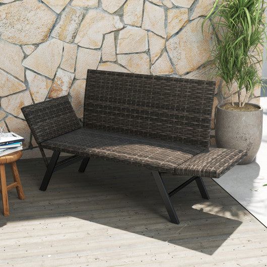 Patio Convertible Sofa for 2 Quick Dry Foam Padded Rattan with Armrests-Gray