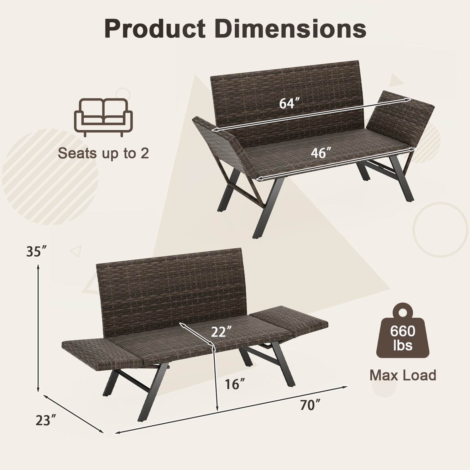 Patio Convertible Sofa for 2 Quick Dry Foam Padded Rattan with Armrests-Gray