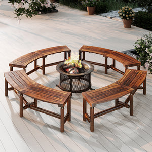 Patio Curved Bench Solid Wood Fire Pit Bench Outdoor Backless Loveseat-Rustic Brown