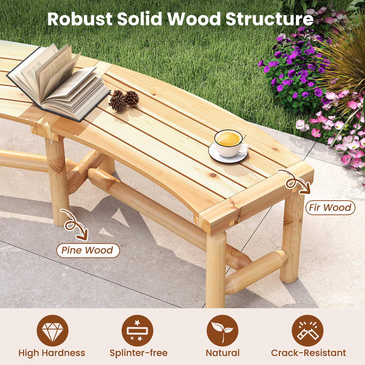 Patio Curved Bench Solid Wood Fire Pit Bench Outdoor Backless Loveseat-Natural