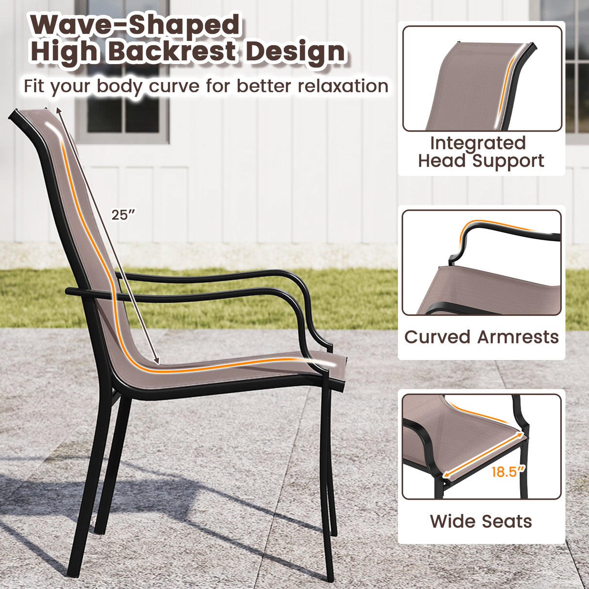 Patio Dining Chair Set of 2 with Wide Seat and Heavy-Duty Metal Frame-Brown