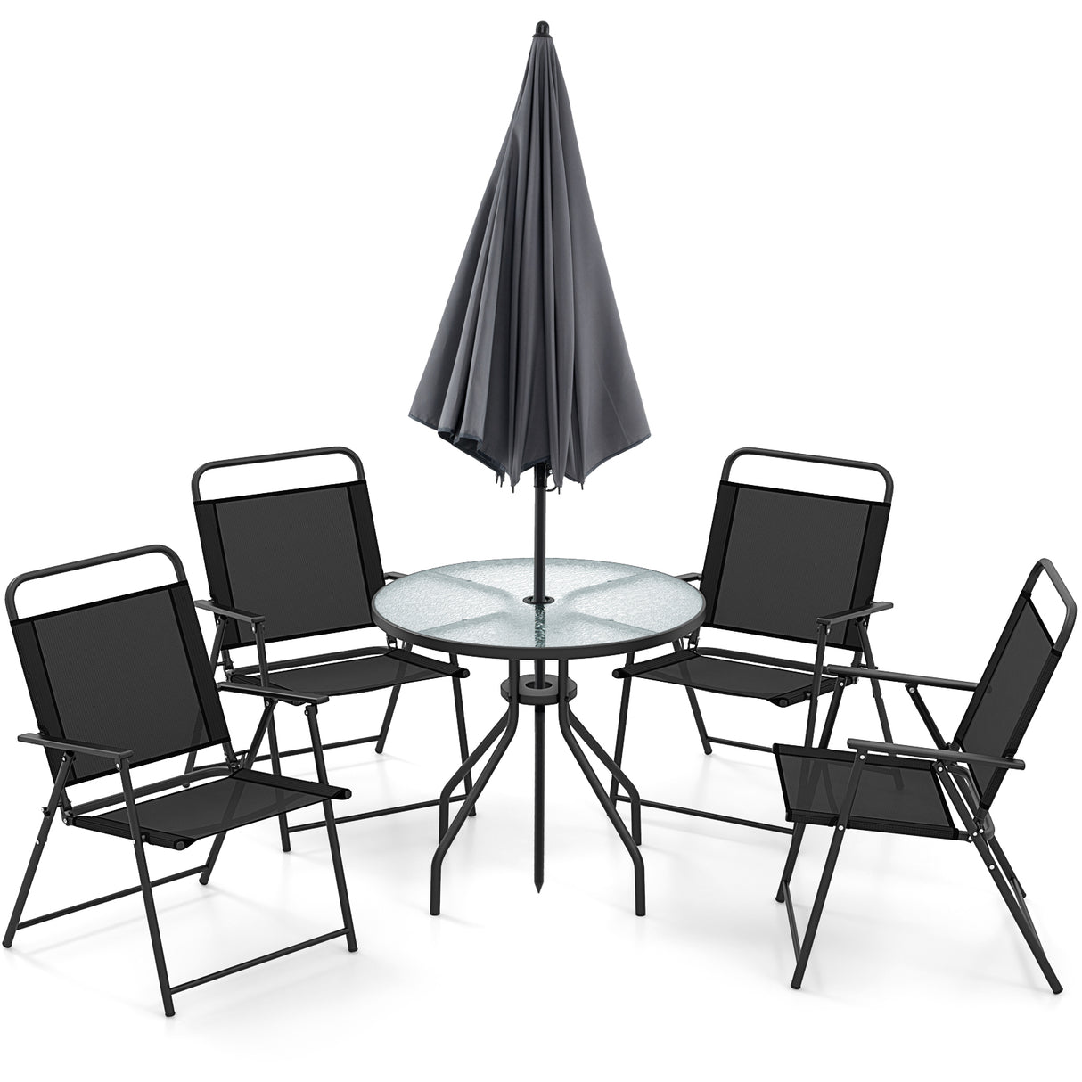 6 Pieces Patio Dining Set Folding Chairs Glass Table Tilt Umbrella for Garden-Gray