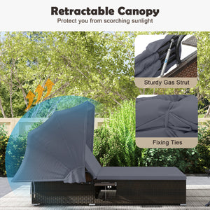 Patio Double Chaise Lounge with Shade Cushions and Folding Side Trays-Gray