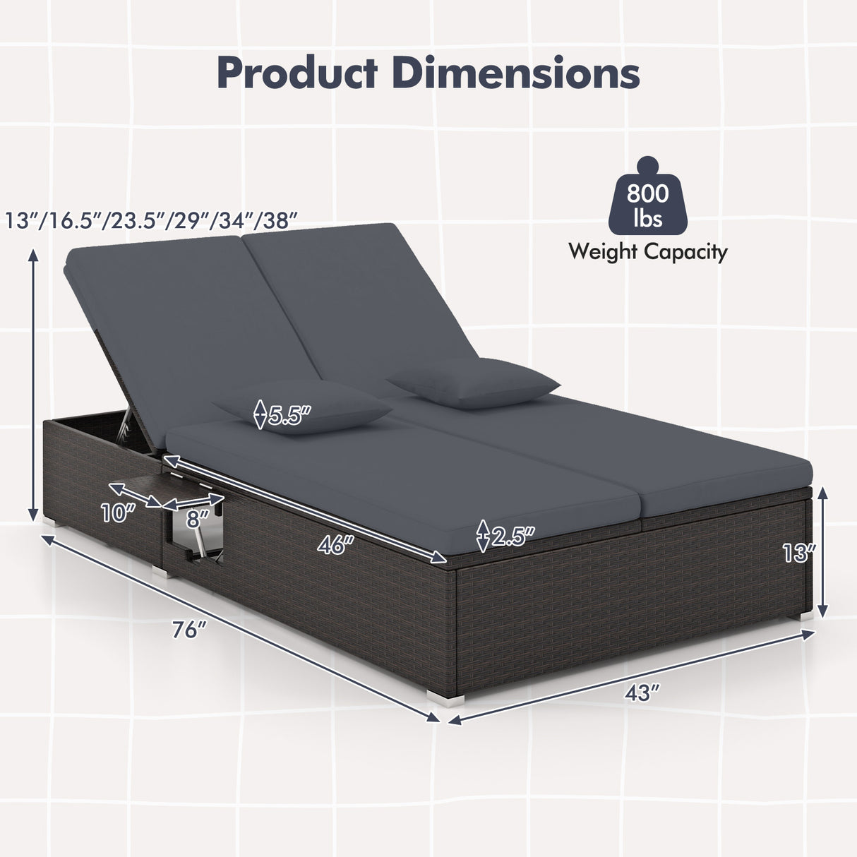 Patio Double Chaise Lounge with Cushions and Folding Side Trays-Gray