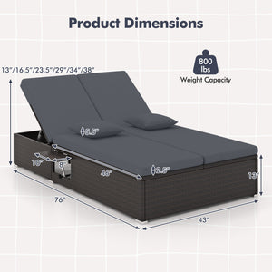 Patio Double Chaise Lounge with Cushions and Folding Side Trays-Gray