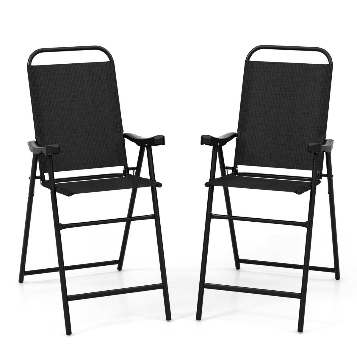 Patio Folding Bar Stool Set of 2 with Metal Frame and Footrest-Black