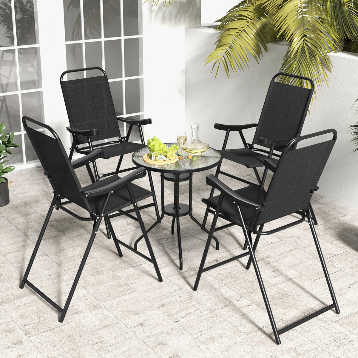 Patio Folding Bar Stool Set of 4 with Metal Frame and Footrest-Black