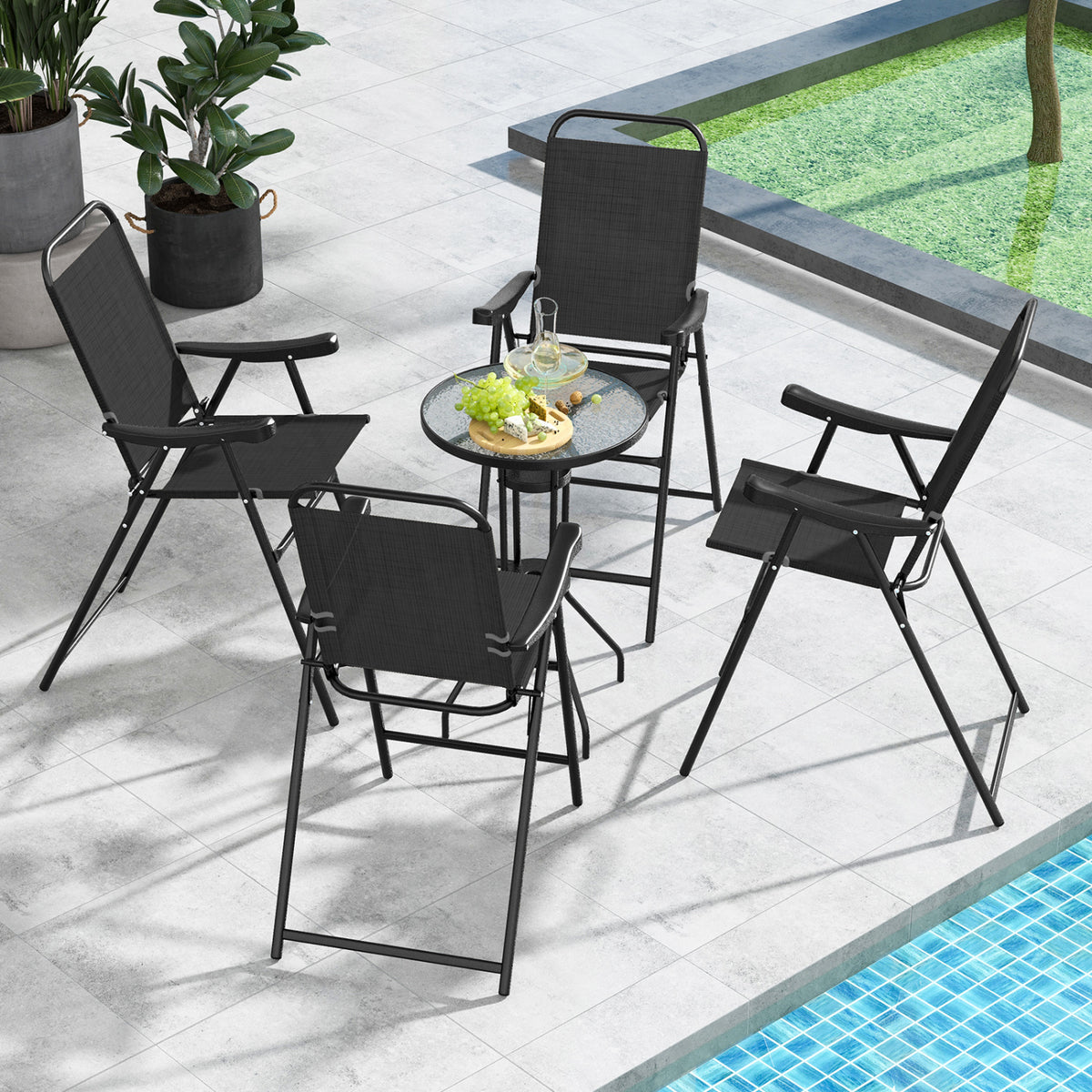 Patio Folding Bar Stool Set of 4 with Metal Frame and Footrest-Black