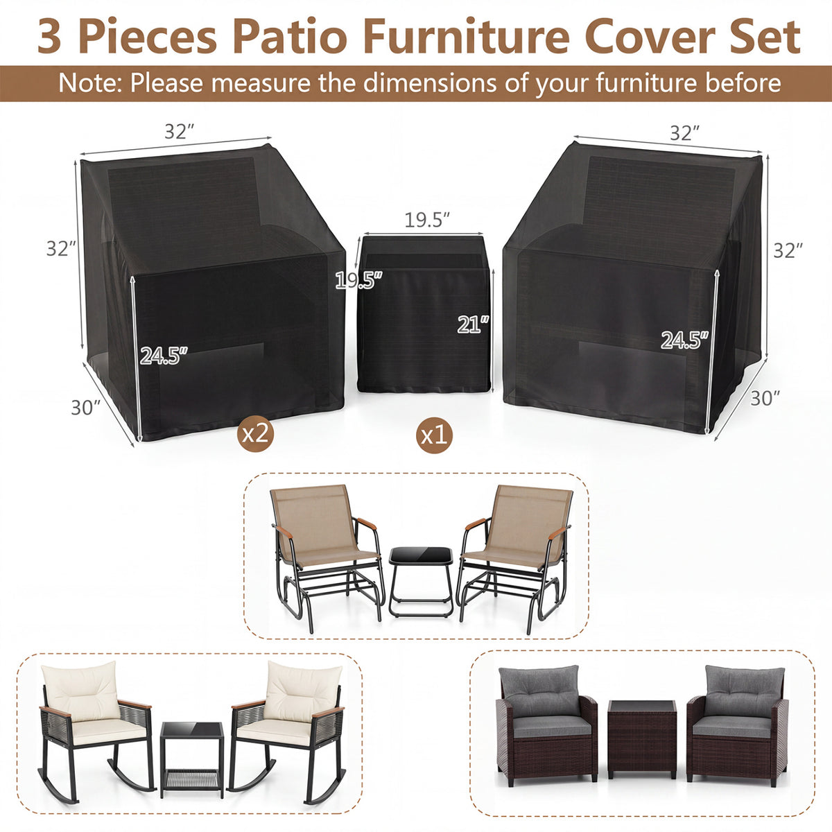 Patio Furniture Covers Waterproof Outdoor Conversation Covers for 3 Pieces Bistro Set-Black