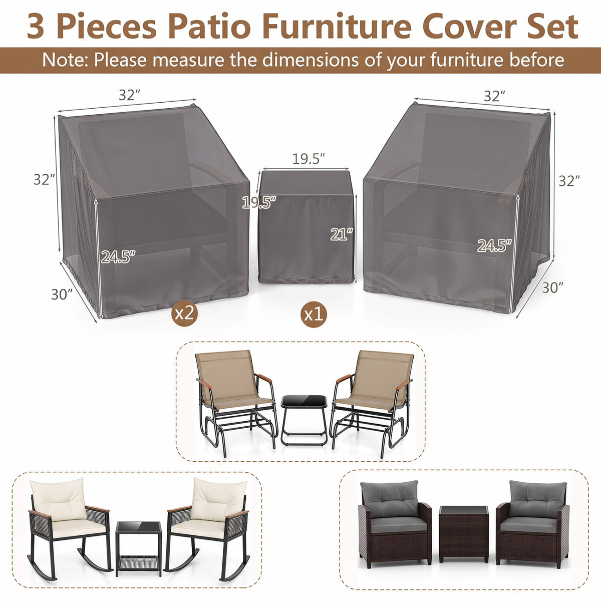 Patio Furniture Covers Waterproof Outdoor Conversation Covers for 3 Pieces Bistro Set-Gray