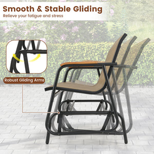 Patio Glider Bench with Curved Teak Armrests and Breathable Fabric Seat for 2 People-Brown
