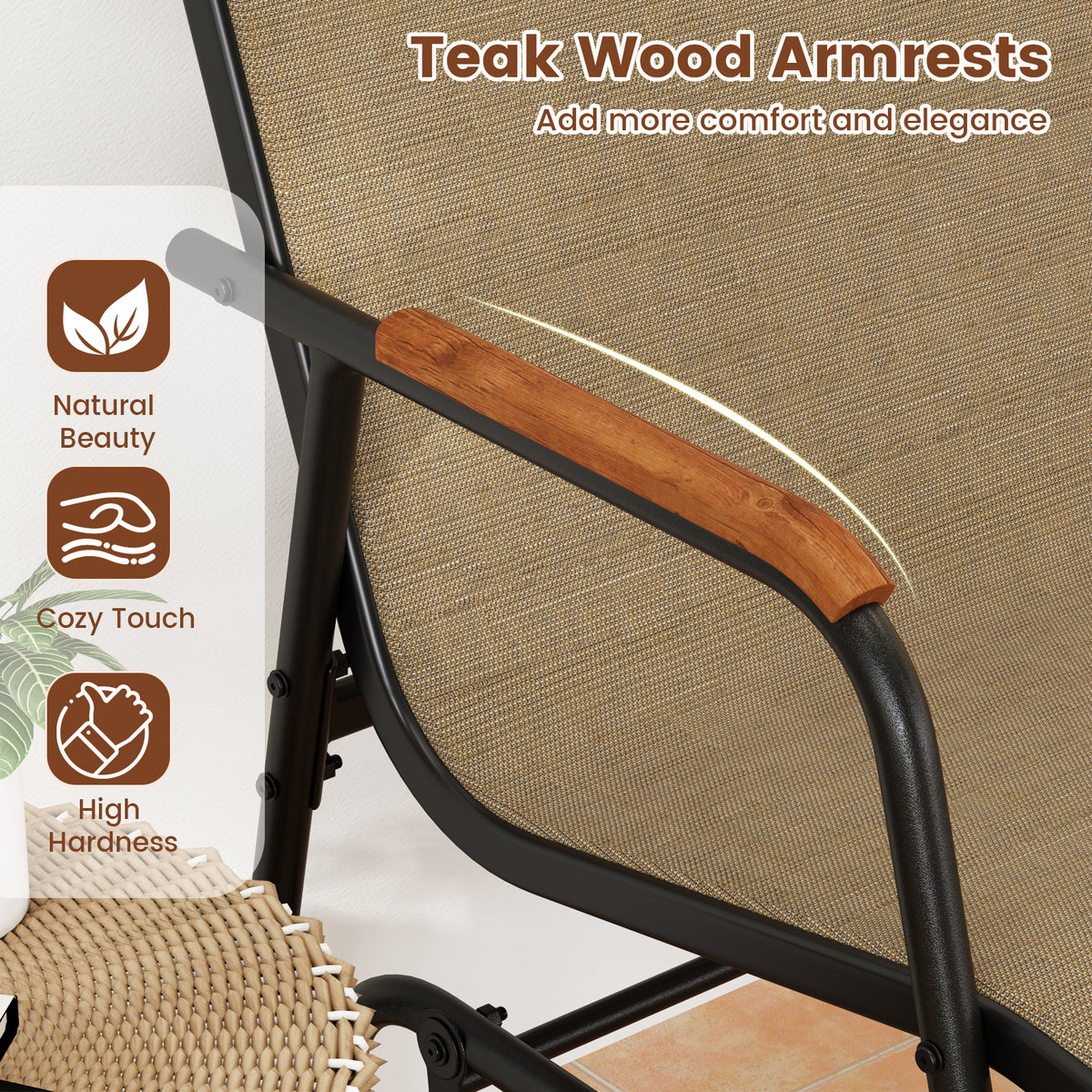 Patio Glider Bench with Curved Teak Armrests and Breathable Fabric Seat for 2 People-Brown