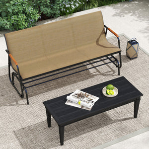 Patio Glider Bench with Curved Teak Armrests and Breathable Fabric Seat for 3 People-Brown