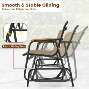 Patio Glider Bench with Curved Teak Armrests and Breathable Fabric Seat for 3 People-Brown