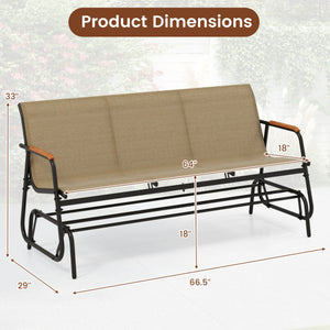 Patio Glider Bench with Curved Teak Armrests and Breathable Fabric Seat for 3 People-Brown