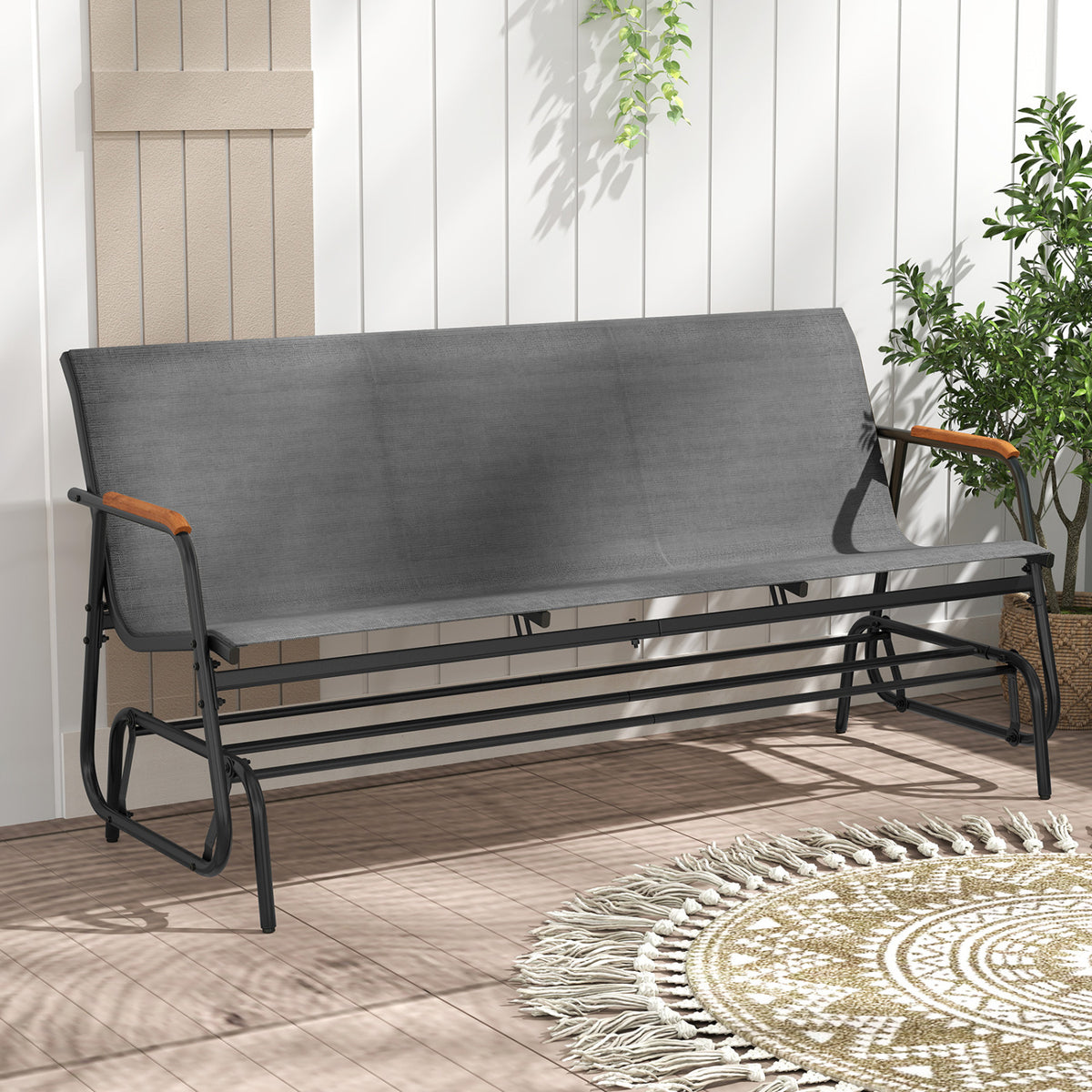 Patio Glider Bench with Curved Teak Armrests and Breathable Fabric Seat for 3 People-Grey