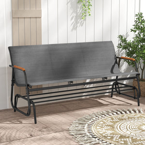 Patio Glider Bench with Curved Teak Armrests and Breathable Fabric Seat for 3 People-Grey