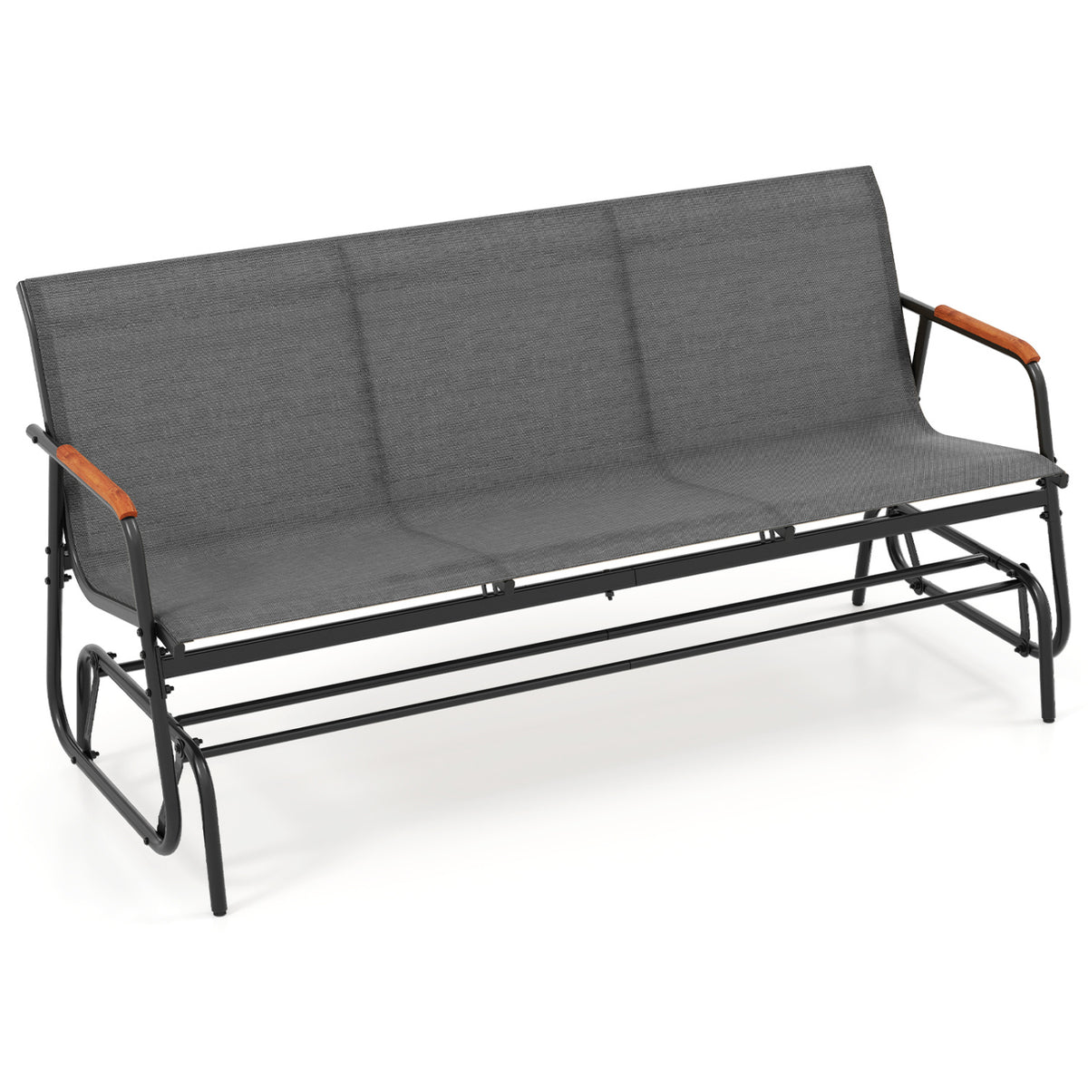 Patio Glider Bench with Curved Teak Armrests and Breathable Fabric Seat for 3 People-Grey