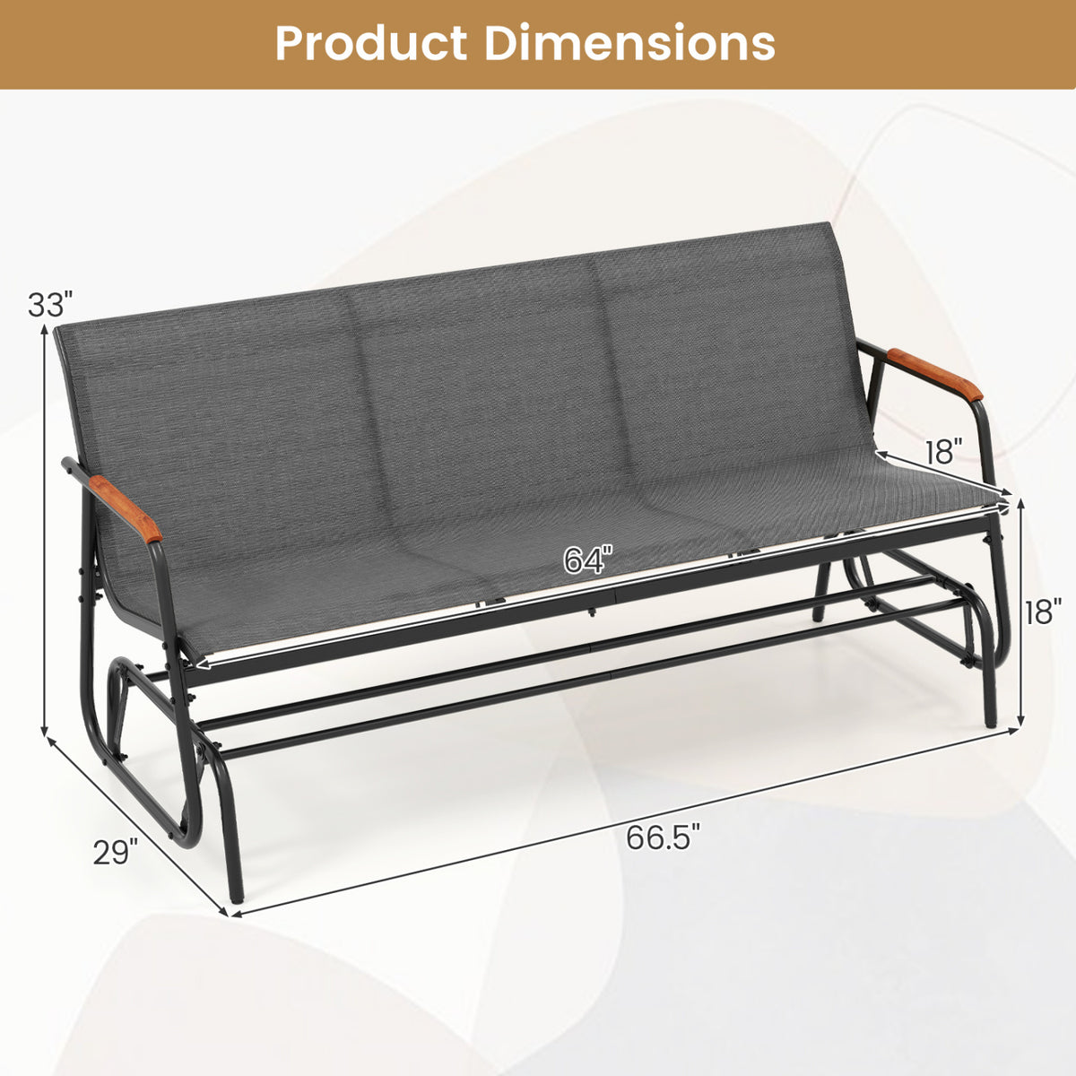 Patio Glider Bench with Curved Teak Armrests and Breathable Fabric Seat for 3 People-Grey
