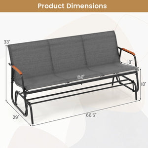 Patio Glider Bench with Curved Teak Armrests and Breathable Fabric Seat for 3 People-Grey